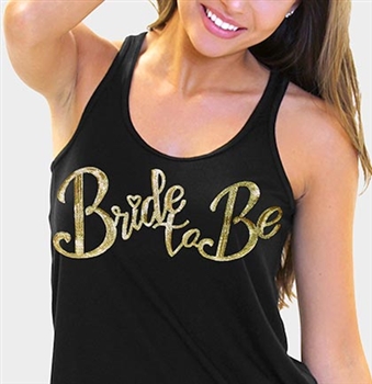 "Bride to Be" Gold Sequin Flowy Racerback Tank Top: Black | Bridal Tank Tops | RhinestoneSash.com