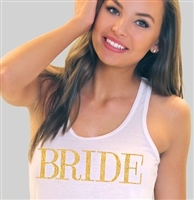 "Bride" Modern Gold Flowy Racerback Tank - Sheer White | Bridal Tank Tops | RhinestoneSash.com