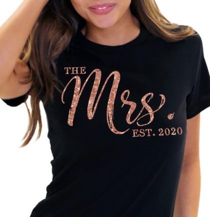 The Mrs. EST Chic Rose Gold Glitter T-Shirt | Bridal T-shirts | RhinestoneSash.com