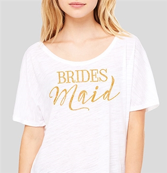 "Bridesmaid" Modern Gold Flowy T-Shirt - White | Bridal T-shirts | RhinestoneSash.com