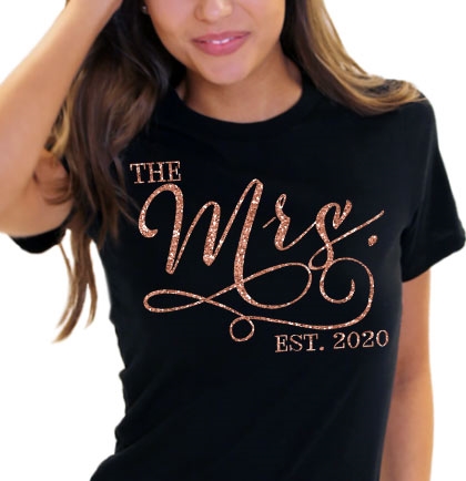 The Mrs. EST Modern Rose Gold T-Shirt | Bridal T-shirts | RhinestoneSash.com