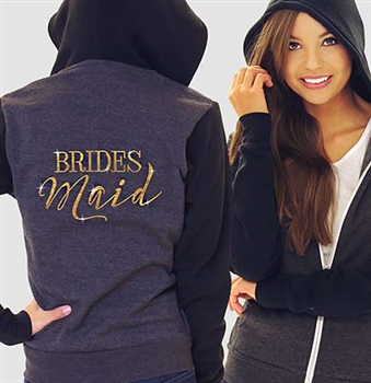 "Bridesmaid" Modern Fleece Hoodie: Charcoal & Black | RhinestoneSash.com