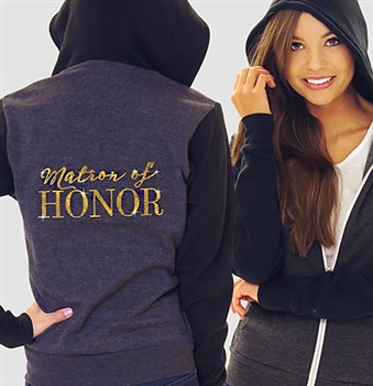 "Matron of Honor" Charcoal & Black Fleece Hoodie | RhinestoneSash.com