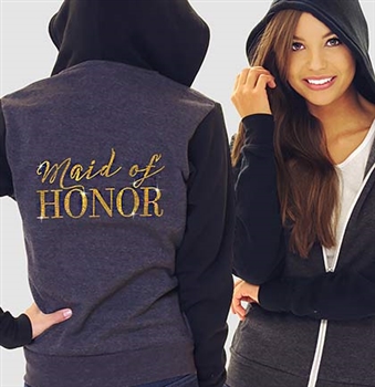"Maid of Honor" Modern Fleece Hoodie: Charcoal & Black | RhinestoneSash.com