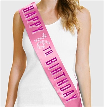 Pink Happy 16th Birthday Foil & Rhinestone Sash | Sweet 16 Birthday Sashes | RhinestoneSash.com