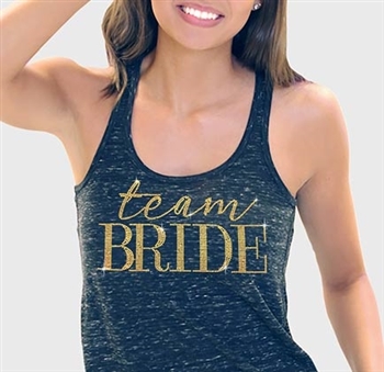 "Team Bride" Gold Flowy Racerback Tank in Black | RhinestoneSash.com