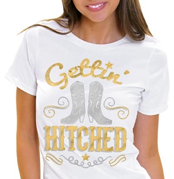 Gettin' Hitched Gold & Silver Foil Tee | Bride-To-Be T-Shirts | RhinestoneSash.com