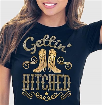 "Gettin' Hitched" Gold Glitter & Rhinestud T-Shirt | Bride T-Shirts | RhinestoneSash.com