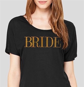 "Bride" Modern Gold Flowy T-Shirt - Black | Bridal T-shirts | RhinestoneSash.com