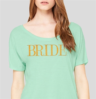 "Bride" Modern Gold Flowy T-Shirt - Mint | Bridal T-shirts | RhinestoneSash.com