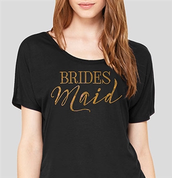 "Bridesmaid" Modern Gold Flowy T-Shirt - Black | Bridal T-shirts | RhinestoneSash.com