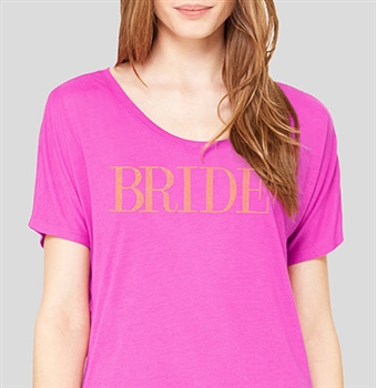 "Bride" Modern Gold Flowy T-Shirt - Magenta | Bridal T-shirts | RhinestoneSash.com
