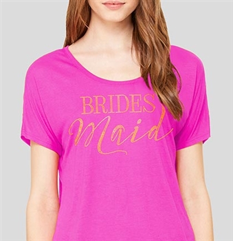 "Bridesmaid" Modern Gold Flowy T-Shirt - magenta | Bridal T-shirts | RhinestoneSash.com