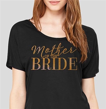 Gold Rhinestud "Mother Of The Bride" Flowy Black T-Shirt | RhinestoneSash.com