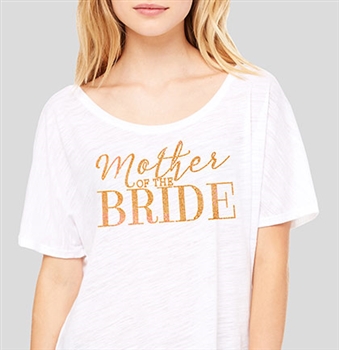 "Mother Of The Bride" Gold Rhinestud on Sheer White T-shirt | RhinestoneSash.com