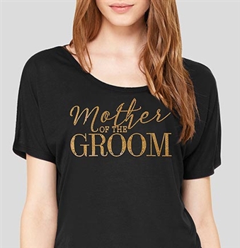 "Mother Of The Groom" Flowy Gold & Black T-Shirt | RhinestoneSash.com