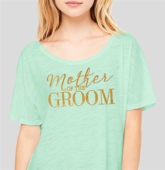 "Mother Of The Groom" Flowy Mint T-shirt with Gold Rhinestuds | RhinestoneSash.com