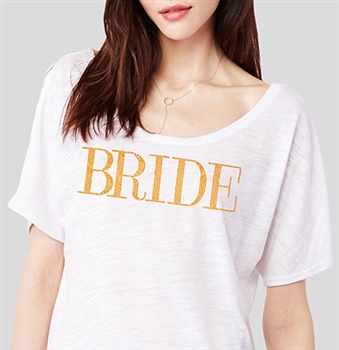 "Bride" Modern Gold Flowy T-Shirt - White | Bridal T-shirts | RhinestoneSash.com
