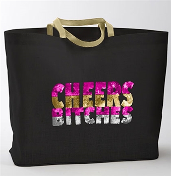 Sequin 'Cheers Bitches' Jute Large Tote