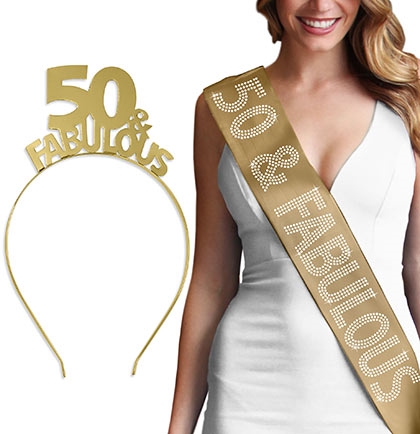 50 & Fabulous Rhinestone Gold Headband & Sash Set
