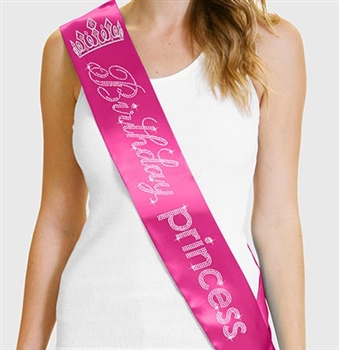 Birthday Princess Rhinestone Sash with Glitter Tiara Graphic