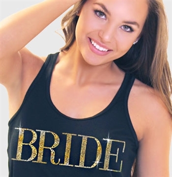 "Bride" Modern Gold Flowy Racerback Tank - Black | Bridal Tank Tops | RhinestoneSash.com