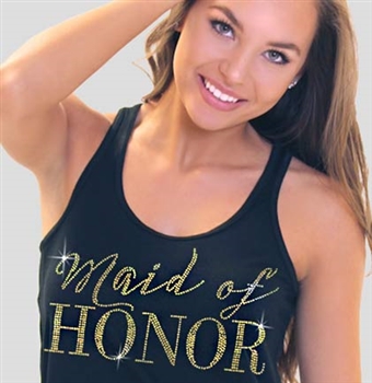 Maid of Honor Modern Gold Flowy Racerback Tank in Solid Black | Rhinestonesash.com