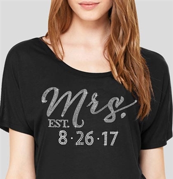 Modern "Mrs. (Wedding Date)" Custom Rhinestone Flowy Tee | RhinestoneSash.com