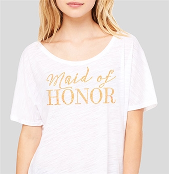 "Maid of Honor" Flowy White T-Shirt | Bridal Party Supplies | RhinestoneSash.com