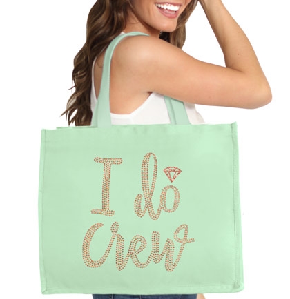 I Do Crew w/Diamond Rose Gold Rhinestud Large Canvas Tote | Bridesmaid Tote Bag