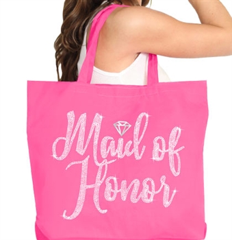 Maid of Honor w/Diamond Rhinestone Large Canvas Tote