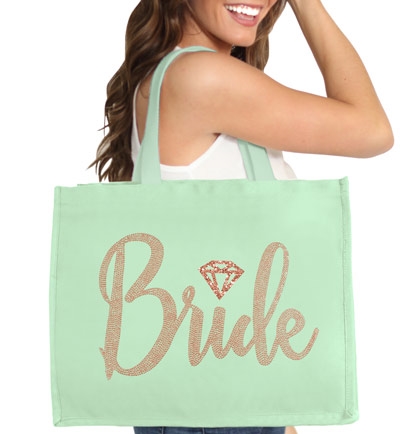 Bride w/Diamond Rose Gold Rhinestud Large Canvas Tote